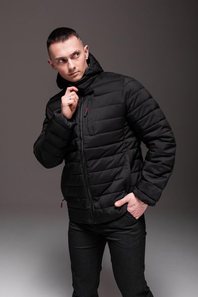 Стьобана чоловіча куртка чорна з капюшоном, кишеня на грудях 2222 чор фото