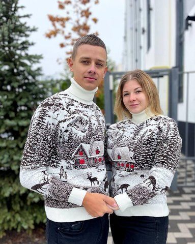 Светр новорічний парний (1шт) "Будиночок" з високою горловиною, білий