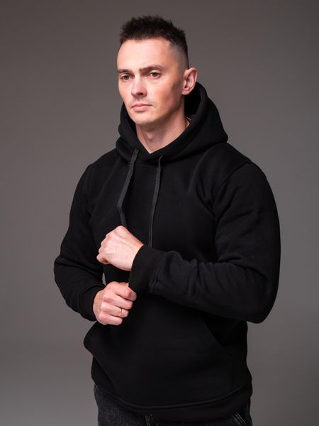 Чоловічий худі чорний утеплений флісом з капюшоном