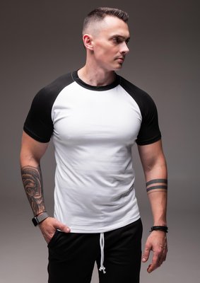 Чоловіча футболка біла з чорним рукавом 1404 біл фото