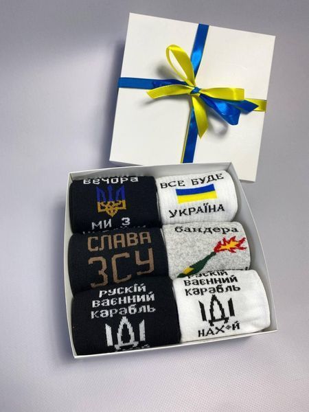 Бокс чоловічих патріотичних шкарпеток на 6 пар 41-45 р в подарунковій коробці із стрічкою весна-осінь