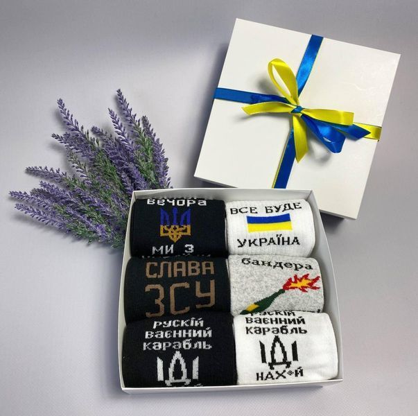Бокс чоловічих патріотичних шкарпеток на 6 пар 41-45 р в подарунковій коробці із стрічкою весна-осінь