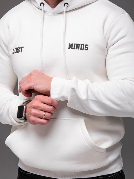 Чоловічий білий худі на флісі , з капюшоном ,"Lost Minds"