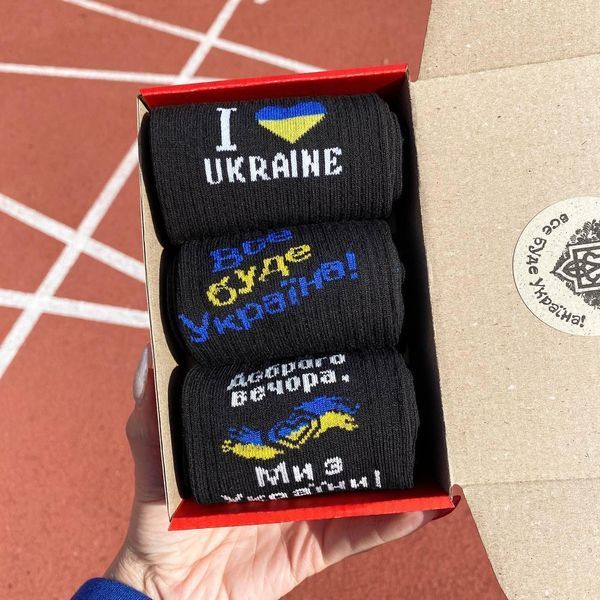 Бокс чоловічих патріотичних шкарпеток 40-45 3 пари в коробці весна-осінь-літо
