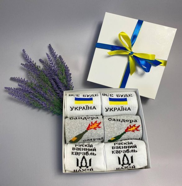 Бокс чоловічих патріотичних шкарпеток на 6 пар 41-45 р в подарунковій коробці із стрічкою весна-осінь
