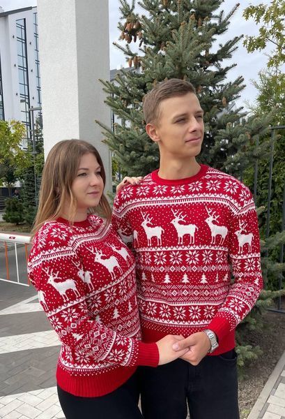 Светр новорічний парний (1шт) "Великий олень" з круглою горловиною, червоний