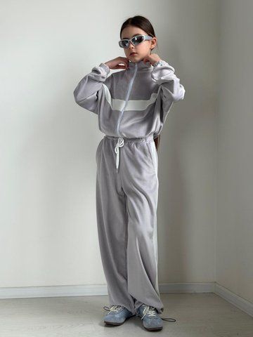 Підлітковий велюровий костюм світло-сірий (кофта на блискавці та штани), розміри 140-164