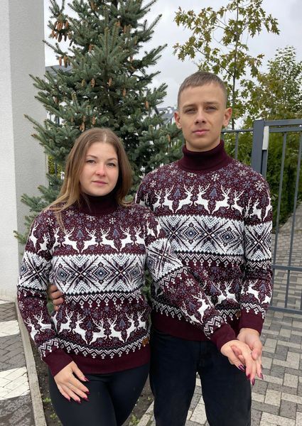 Светр новорічний парний (1шт) "Орнамент" з високою горловиною, бордо