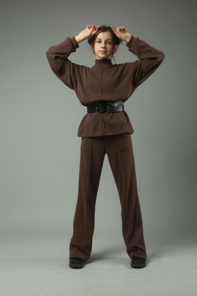 Стильний,брючний,ангоровий костюм для дівчинки,кофта та штани палаццо "Кава" з поясом