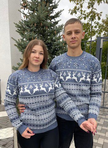 Светр новорічний парний (1шт) "Олені" з круглою горловиною, джинс