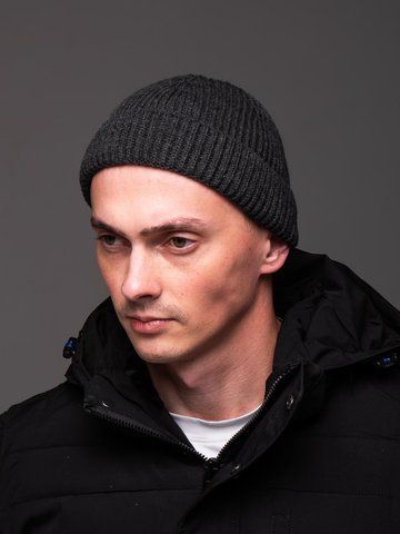 Шапка чоловіча докер в'язана щільна в рубчик темно-сіра