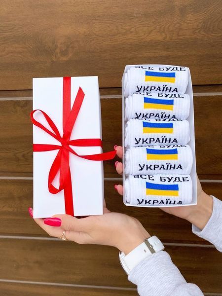Набір чоловічих патріотичних шкарпеток 40-45 на 5 пар у подарунковій коробці із стрічкою