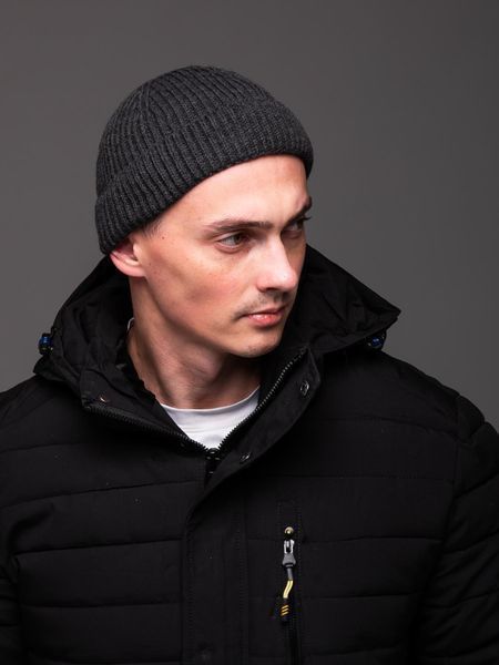 Шапка чоловіча докер в'язана щільна в рубчик темно-сіра