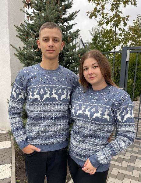 Светр новорічний парний (1шт) "Олені" з круглою горловиною, джинс