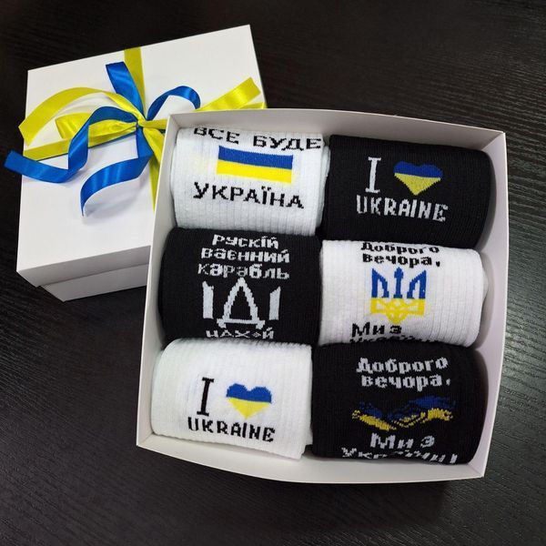 Бокс чоловічих патріотичних шкарпеток на 6 пар 40-45 р в подарунковій коробці із стрічкою весна-осінь