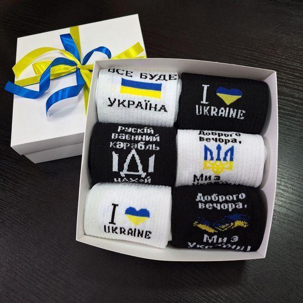 Бокс чоловічих патріотичних шкарпеток на 6 пар 40-45 р в подарунковій коробці із стрічкою весна-осінь