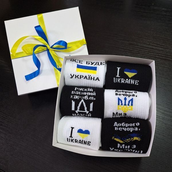 Бокс чоловічих патріотичних шкарпеток на 6 пар 40-45 р в подарунковій коробці із стрічкою весна-осінь
