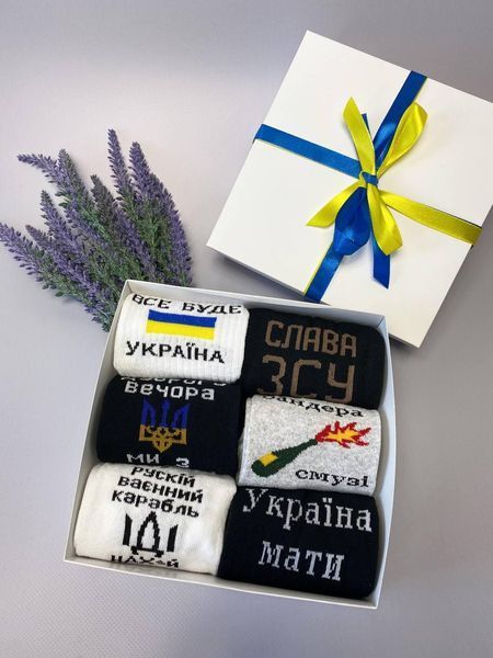 Бокс чоловічих патріотичних шкарпеток на 6 пар 41-45 р в подарунковій коробці із стрічкою весна-осінь