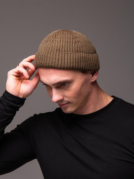 Шапка чоловіча докер в'язана щільна в рубчик світло-коричнева