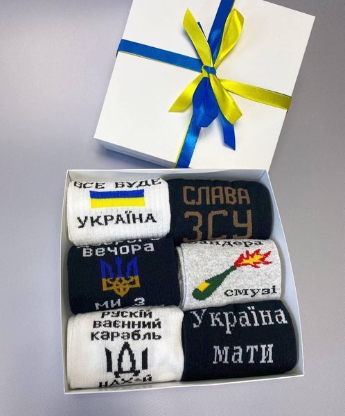 Бокс чоловічих патріотичних шкарпеток на 6 пар 41-45 р в подарунковій коробці із стрічкою весна-осінь
