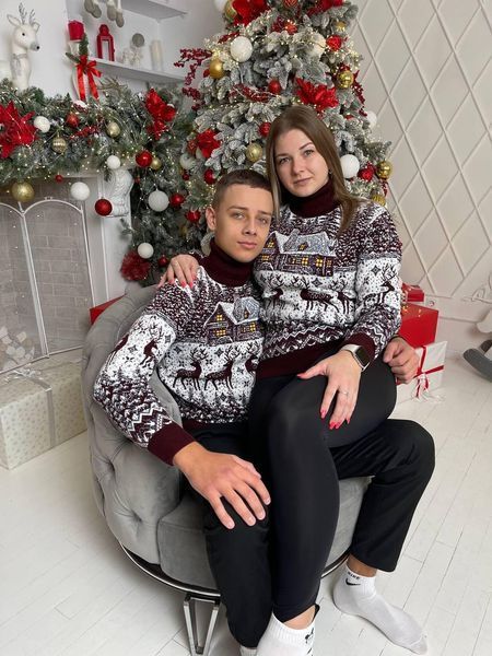 Светр новорічний парний (1шт) "Домік" з високою горловиною, бордовий