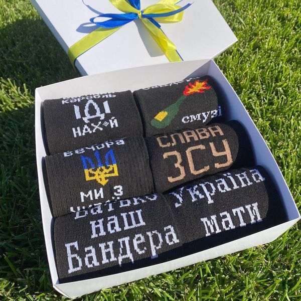 Бокс чоловічих патріотичних шкарпеток на 6 пар 41-45 р в подарунковій коробці із стрічкою весна-осінь