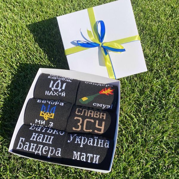 Бокс чоловічих патріотичних шкарпеток на 6 пар 41-45 р в подарунковій коробці із стрічкою весна-осінь