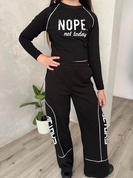 Спортивний костюм для дівчинки підлітка демісезонний (лонгслів NOPE та штани палаццо), чорний