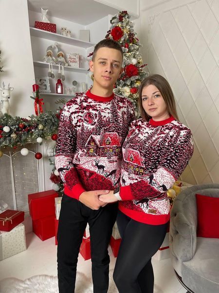 Светр новорічний парний (1шт) "Будиночок" з круглою горловиною, червоний