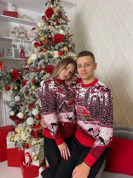 Светр новорічний парний (1шт) "Будиночок" з круглою горловиною, червоний