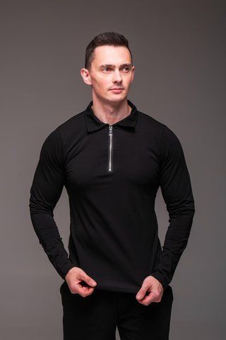 Чоловіча трикотажна футболка поло з довгим рукавом чорна (лонгслів на блискавці)