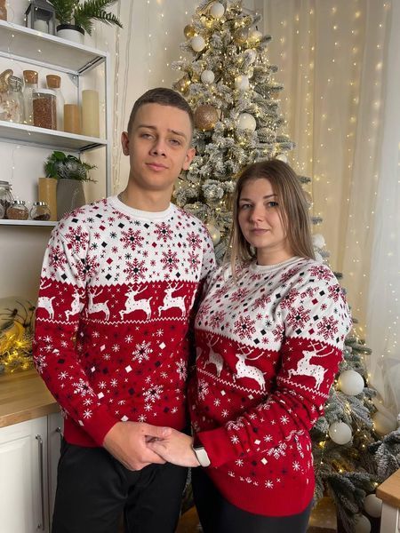 Светр новорічний парний (1шт) "Половинки" з круглою горловиною, червоний