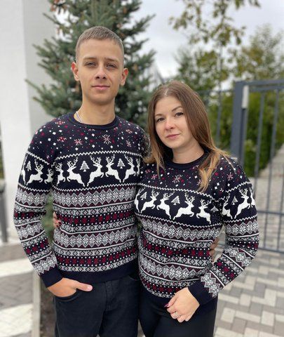 Светр новорічний парний (1шт) "Олені" з круглою горловиною, синій