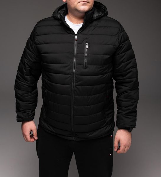 Чоловіча куртка стьобана чорна з капюшоном БАТАЛ кишеня на грудях 2206 фото