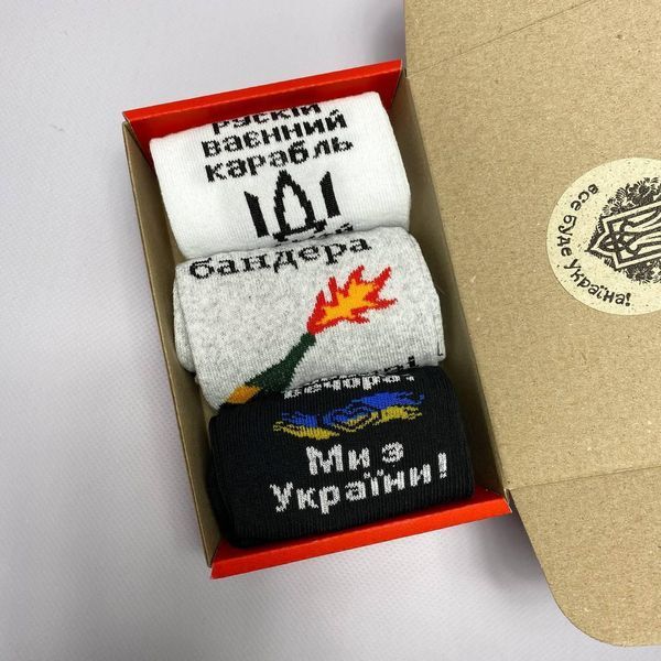 Бокс чоловічих патріотичних шкарпеток 41-45 3 пари в червоній коробці весна-осінь-літо