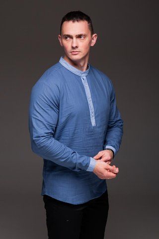 Сорочка лляна синя з блакитними вставками , довгий рукав