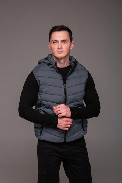 Жилет чоловічий стьобаний з капюшоном L-4XL сірий