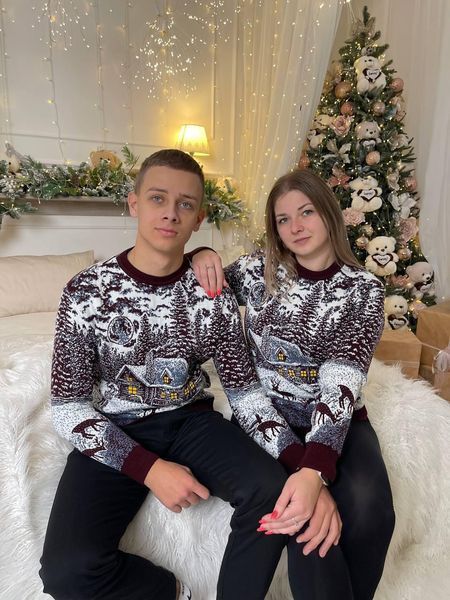 Светр новорічний парний (1шт) "Будиночок" з круглою горловиною, синій