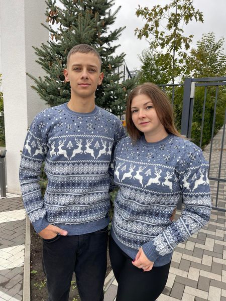 Светр новорічний парний (1шт) "Олені" з круглою горловиною, батал джинс
