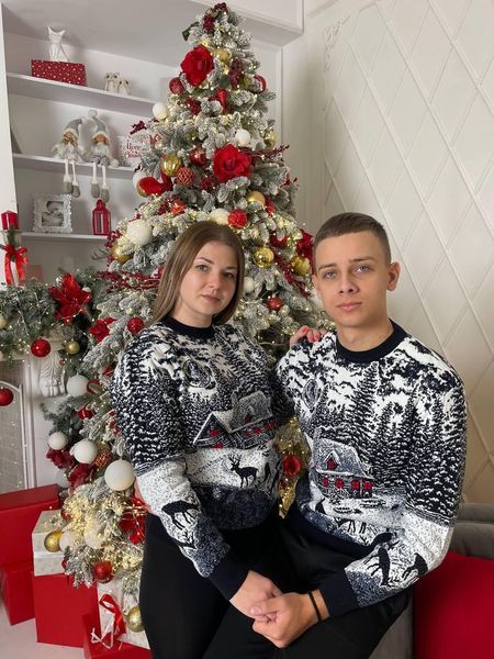 Светр новорічний парний (1шт) "Будиночок" з круглою горловиною, синій