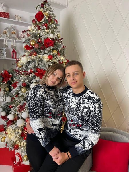 Светр новорічний парний (1шт) "Будиночок" з круглою горловиною, синій