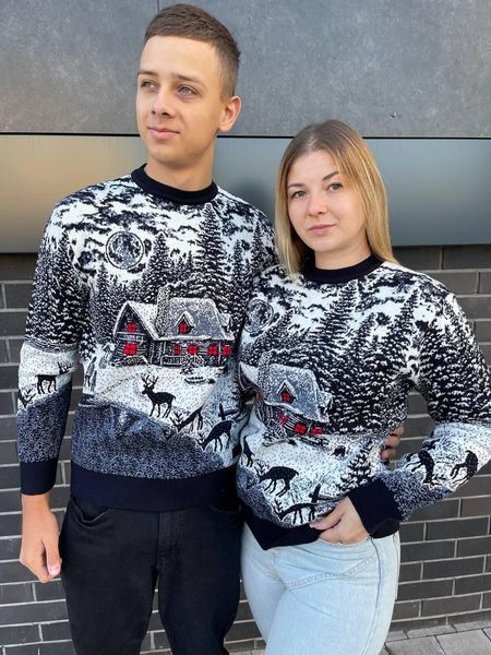 Светр новорічний парний (1шт) "Будиночок" з круглою горловиною, синій