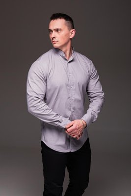 Чоловіча сорочка на літо сіра , лляна з коміром стійка 2245 сір фото