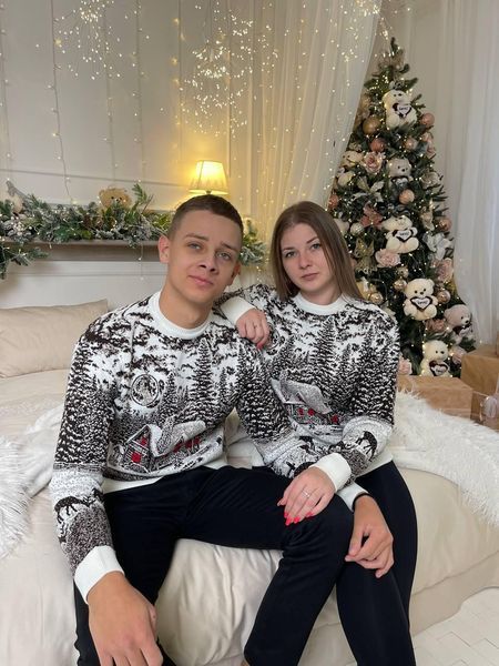 Светр новорічний парний (1шт) "Будиночок" з круглою горловиною, білий