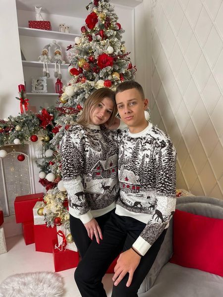 Светр новорічний парний (1шт) "Будиночок" з круглою горловиною, білий