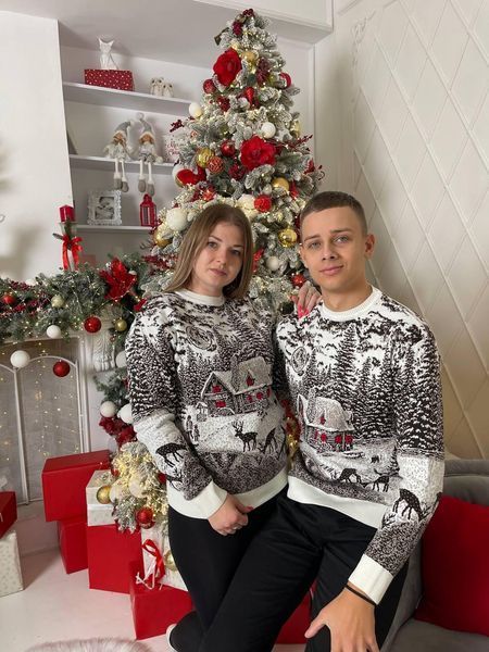 Светр новорічний парний (1шт) "Будиночок" з круглою горловиною, білий