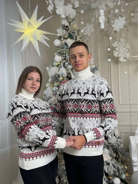 Светр новорічний парний (1шт) "Орнамент" з високою горловиною, білий батал