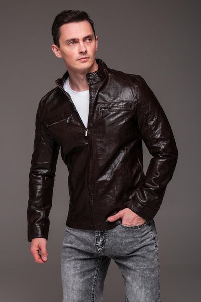 Чоловіча коротка куртка Slim Fit з екошкіри коричнева