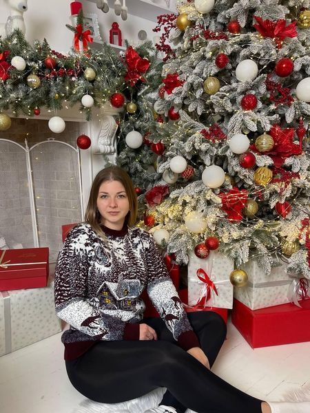 Светр новорічний парний (1шт) "Будиночок" з круглою горловиною, бордо