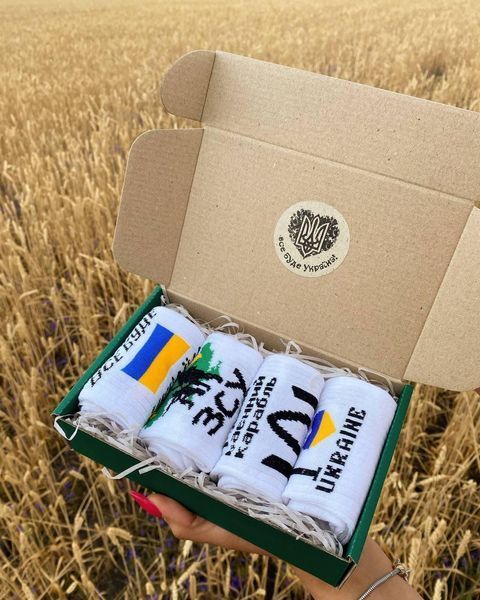 Бокс чоловічих патріотичних шкарпеток 40-45 4 пари в зеленій коробці весна-осінь-літо